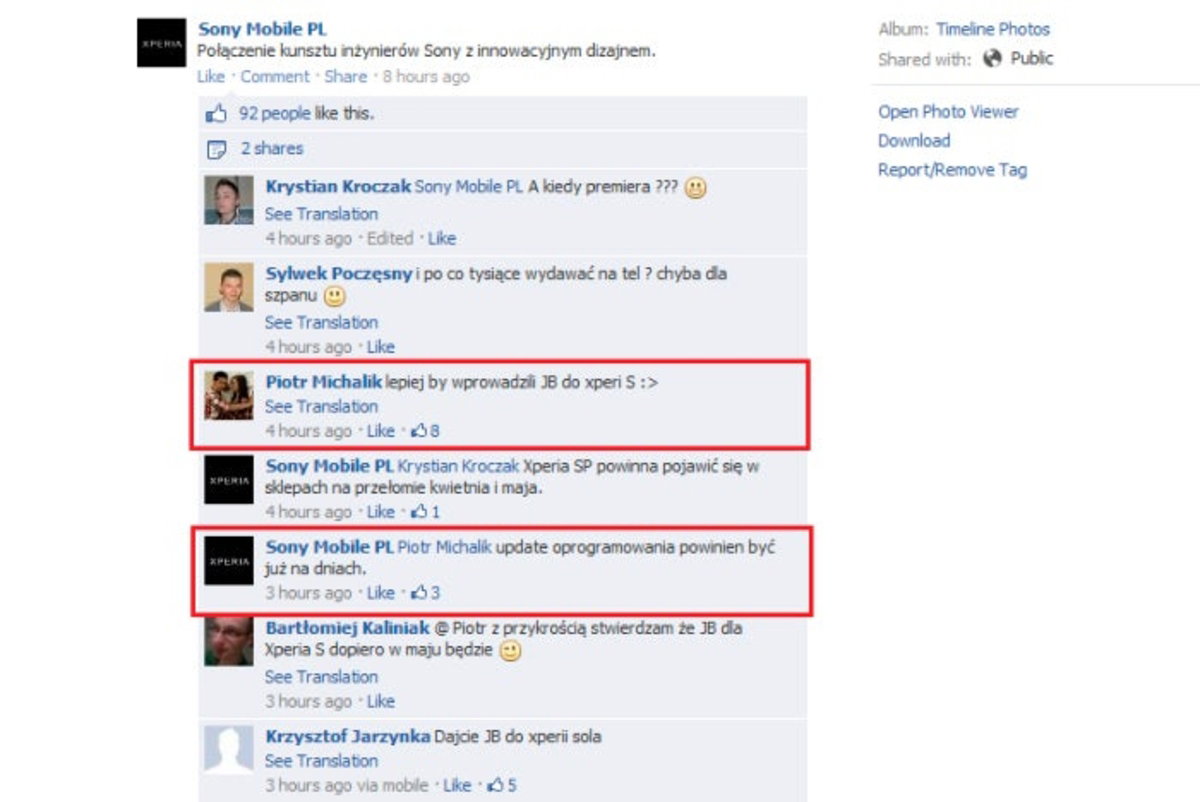 Respuesta de Sony Mobile PL Facebook sobre el Sony Xperia S
